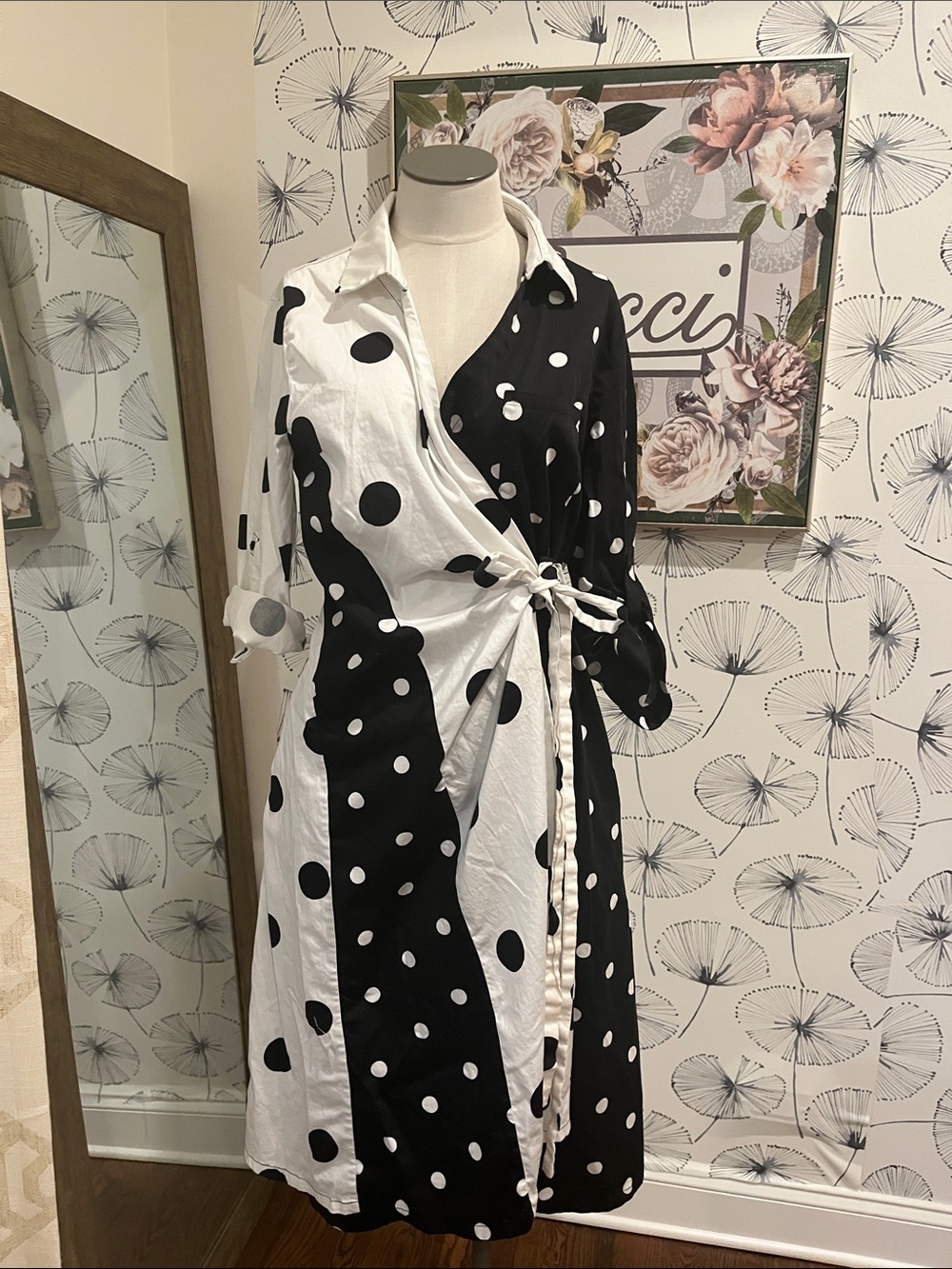 New York & Company L Black and White Polka Dot Wrap Dress